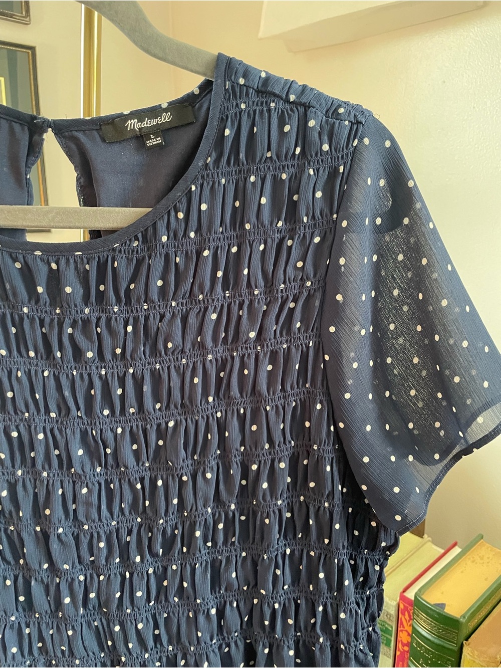 Madewell Navy White Polka Dot Smocked Short Sleeve Mini Dress